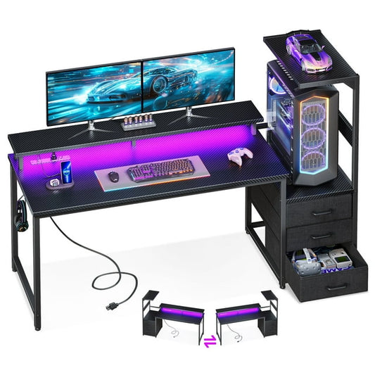 Sofanext 59 Inch Gaming Desk with USB Charging Ports & LED Light- Reversible Computer Desk with Storage Shelves & Monitor Stand, Modern Gamer Desk Table with Fabric Drawers & Side Hook, Carbon Fiber Black