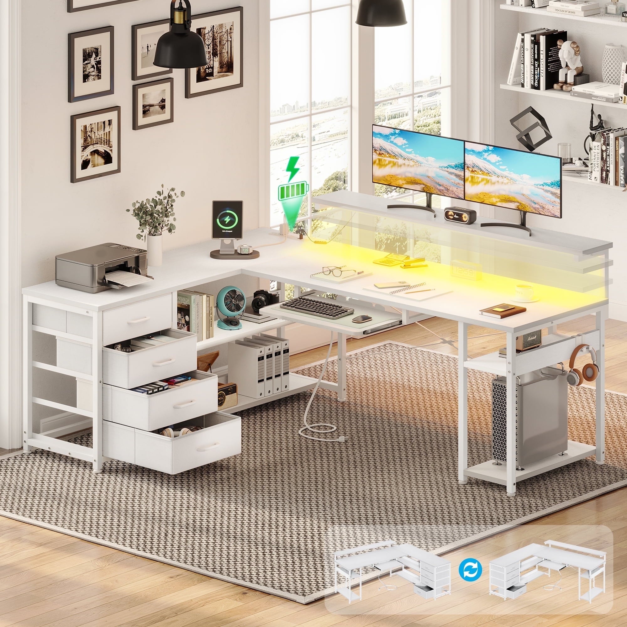 Sofanext 61 inch L Shaped Gaming Desk with 4 Drawers & Power Outlets, Home Office Desk with Adjustable Heights Monitor Stand & Keyboard Tray, Computer Desk with LED Light, Pure White