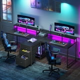 94 Inch Gaming Desk with Charging Station & LED Light, Two Person Desk with 3 Fabric Drawers, Long Computer Desk for Home Office, Writing Study Table Workstation, Black