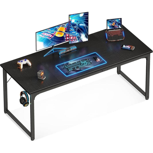 Sofanext Computer Desk 63 Inch, Study Writing Table for Large Spaces, Work Desk for Home Office, Simple Modern Desk with Headphone Hooks, Black
