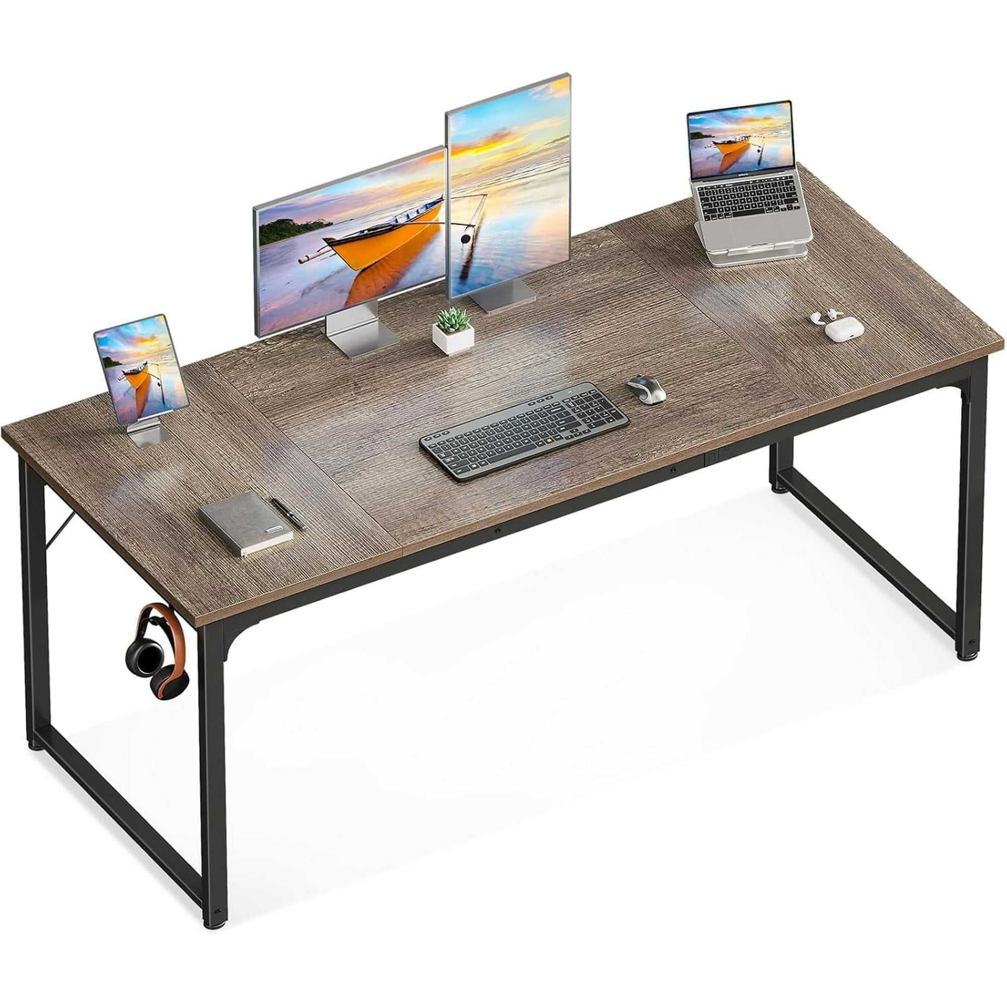 Sofanext Computer Desk 63 Inch, Study Writing Table for Large Spaces, Work Desk for Home Office, Simple Modern Desk with Headphone Hooks, Grey Oak