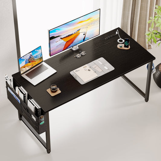Sofanext 55 inch Computer Desk, Large Home Office Desk with Power Outlet, Student Desk with Storage Bag & Headphone Hook, Black