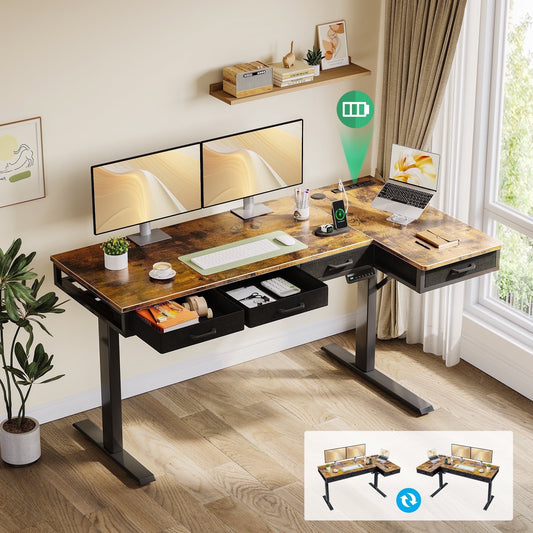 Electric Standing Desk with Drawers, 63 Inch Height Adjustable Desk with Power Outlets, Sit Stand Table, Writing Computer Desk for Home, Office, Workstation, Rustic Brown