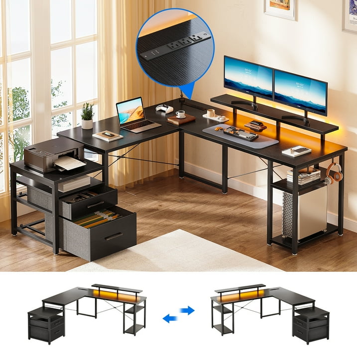 L Shaped Gaming Desk with Drawers, 59