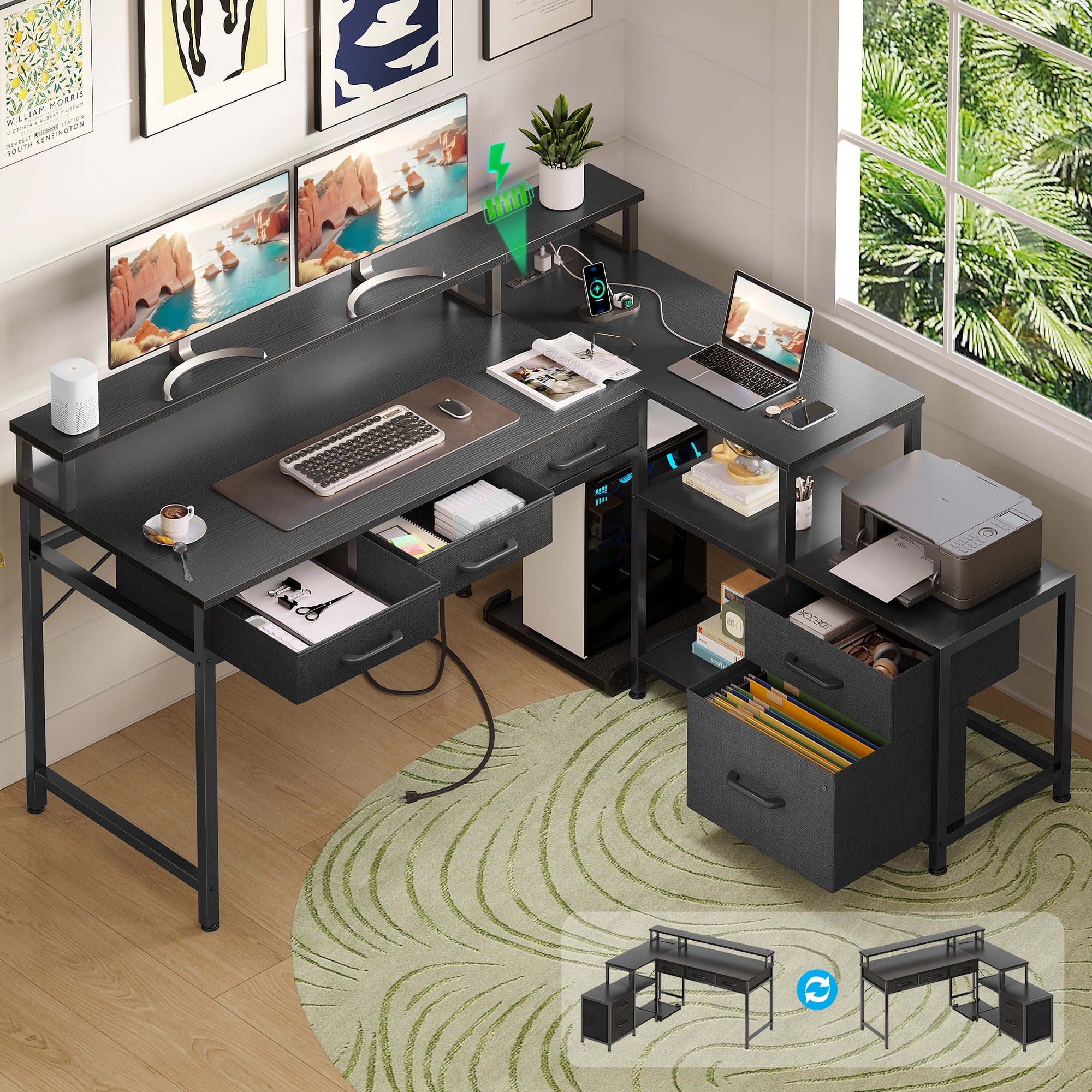 L Shaped Gaming Desk with File Drawer & Power Outlet, 53