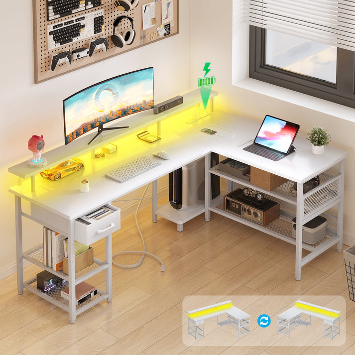 Reversible 59 inch L Shaped Computer Desk with LED Lights & Power Outl ...