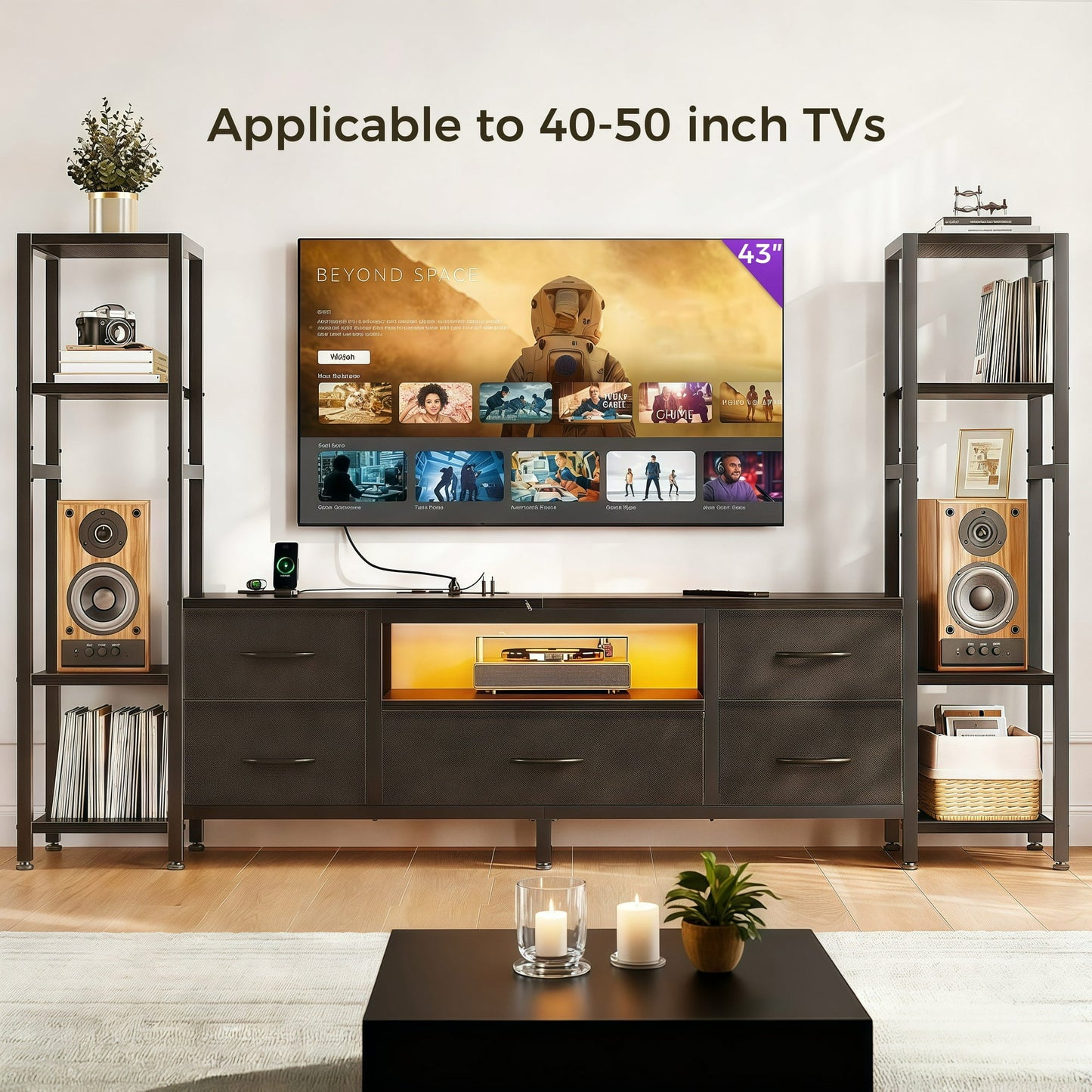 Sofanext 71" LED TV Stand with Power Outlets for 40/43/50 inch TV, Entertainment Center with 5 Fabric Drawers & Open Shelf Storage for Living Room/Bedroom,Black