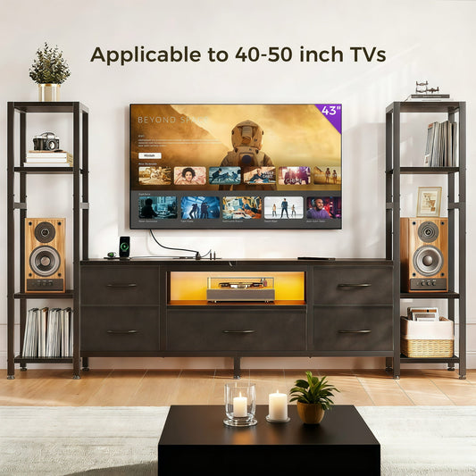 Sofanext 71" LED TV Stand with Power Outlets for 40/43/50 inch TV, Entertainment Center with 5 Fabric Drawers & Open Shelf Storage for Living Room/Bedroom,Black