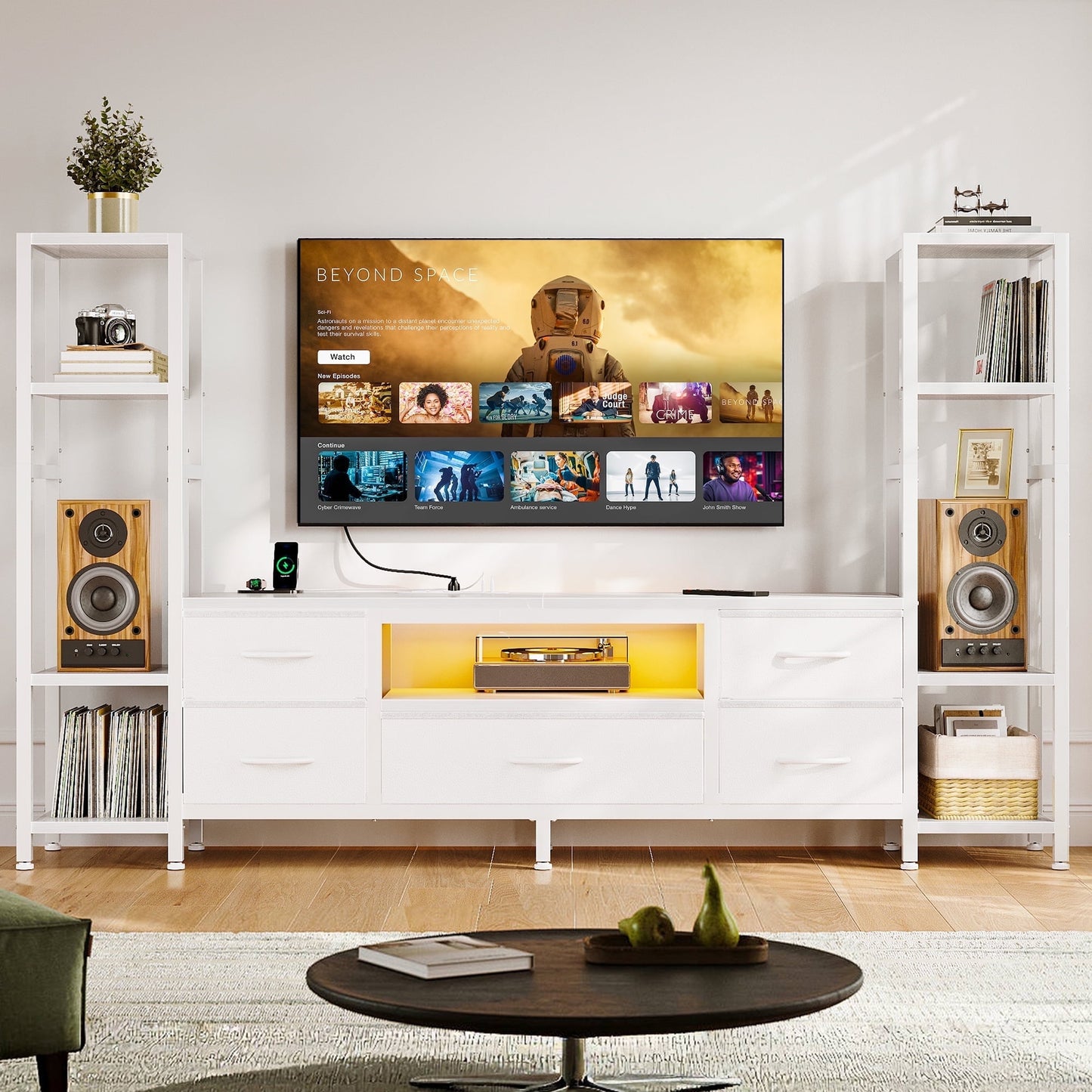 Sofanext 71" LED TV Stand with Power Outlets for 40/43/50 inch TV, Entertainment Center with 5 Fabric Drawers & Open Shelf Storage for Living Room/Bedroom, , White