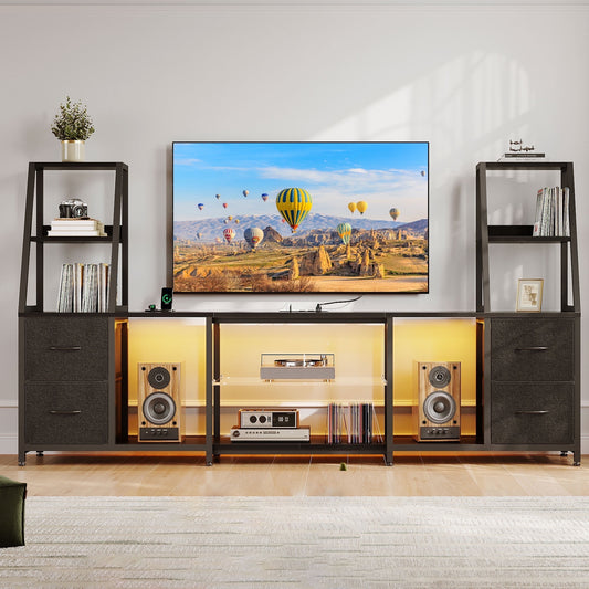 Sofanext TV Stand for up to 65 Inch TV, 87" Entertainment Center with Power Outlets & LED Lights, Modern Media Console with Glass Shelf & 4 Fabric Drawers for Living Room Bedroom, Black