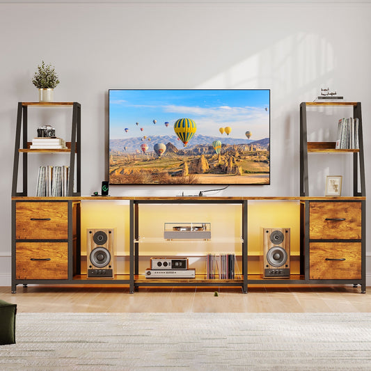 Sofanext TV Stand for up to 65 Inch TV, 87" Entertainment Center with Power Outlets & LED Lights, Modern Media Console with Glass Shelf & 4 Fabric Drawers for Living Room Bedroom, Vintage