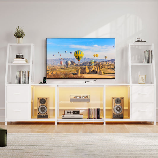 Sofanext TV Stand for up to 65 Inch TV, 87" Entertainment Center with Power Outlets & LED Lights, Modern Media Console with Glass Shelf & 4 Fabric Drawers for Living Room Bedroom, White