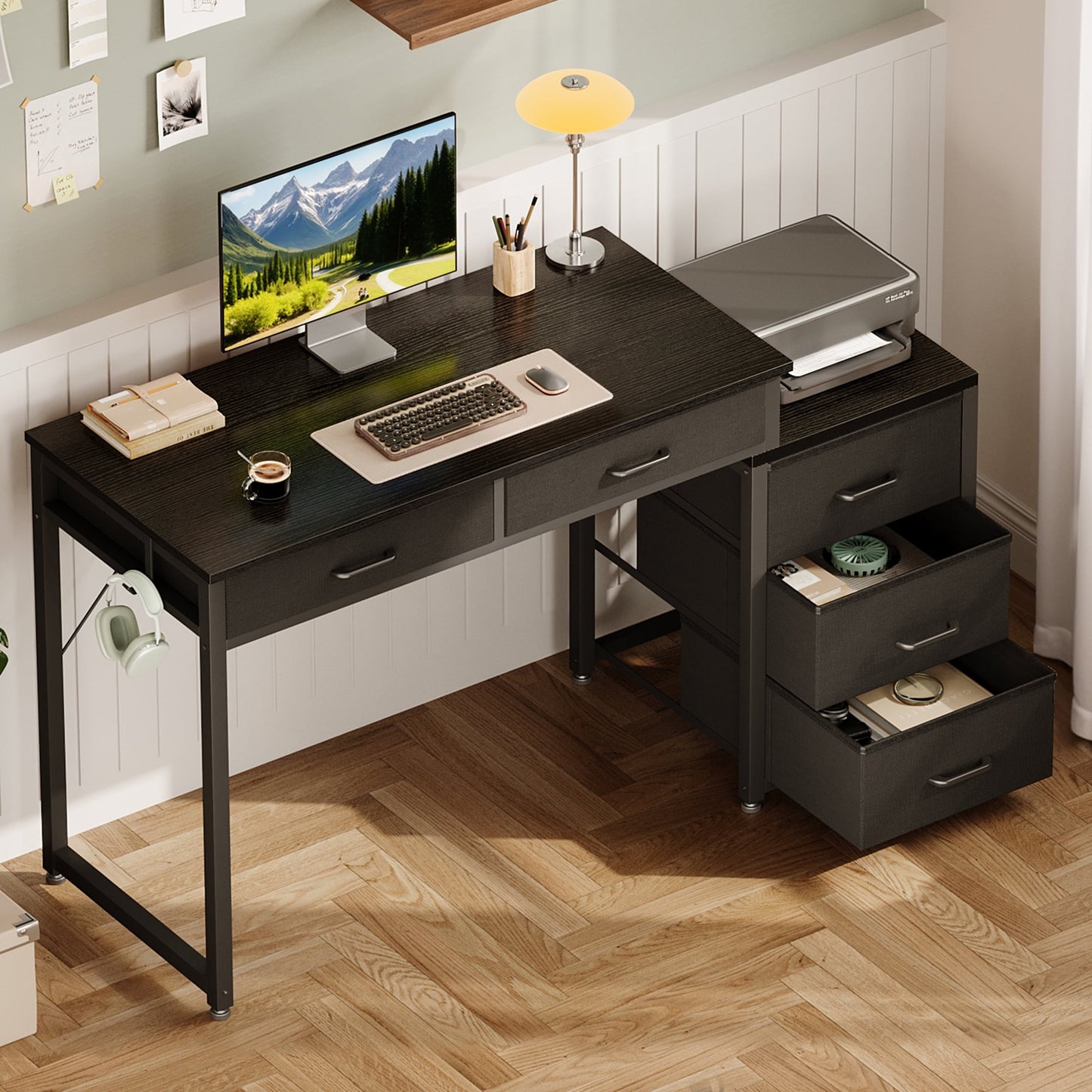 Sofanext Computer Desk with 5 Drawers, Reversible Home Office Desks with Printer Stand, Study Writing Table Workstation for Small Spaces, Black