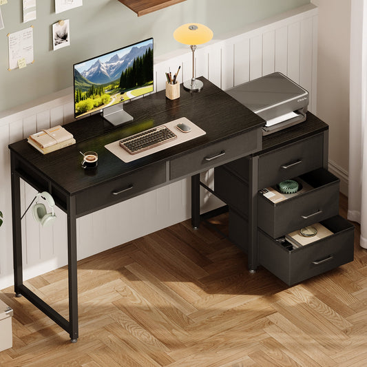 Sofanext Computer Desk with 5 Drawers, Reversible Home Office Desks with Printer Stand, Study Writing Table Workstation for Small Spaces, Black