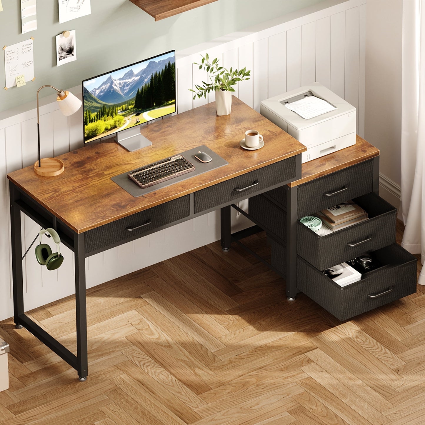 Sofanext Computer Desk with 5 Drawers, Reversible Home Office Desks with Printer Stand, Study Writing Table Workstation for Small Spaces, Vintage