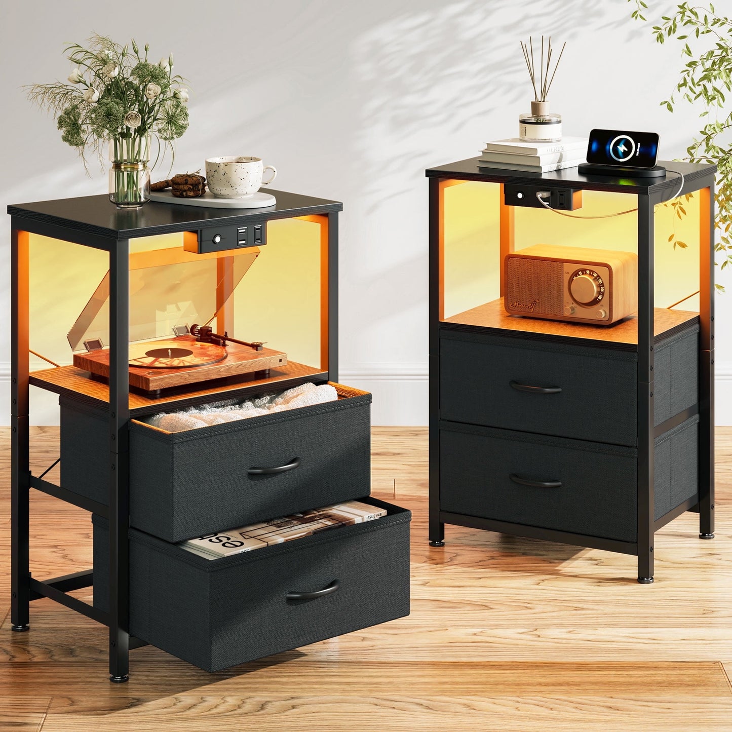 Sofanext Night Stand Set 2, LED Light Nightstand with Fabric Drawers, Bedside Tables with Charging Station, End Table with Open Shelf, Small Nightstand for Bedroom, Black