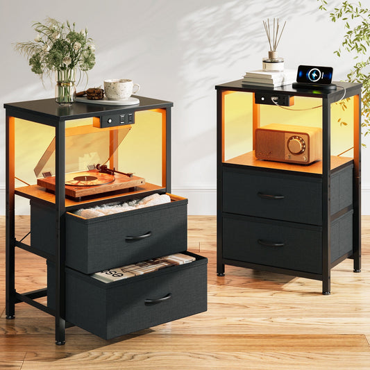 Sofanext Night Stand Set 2, LED Light Nightstand with Fabric Drawers, Bedside Tables with Charging Station, End Table with Open Shelf, Small Nightstand for Bedroom, Black