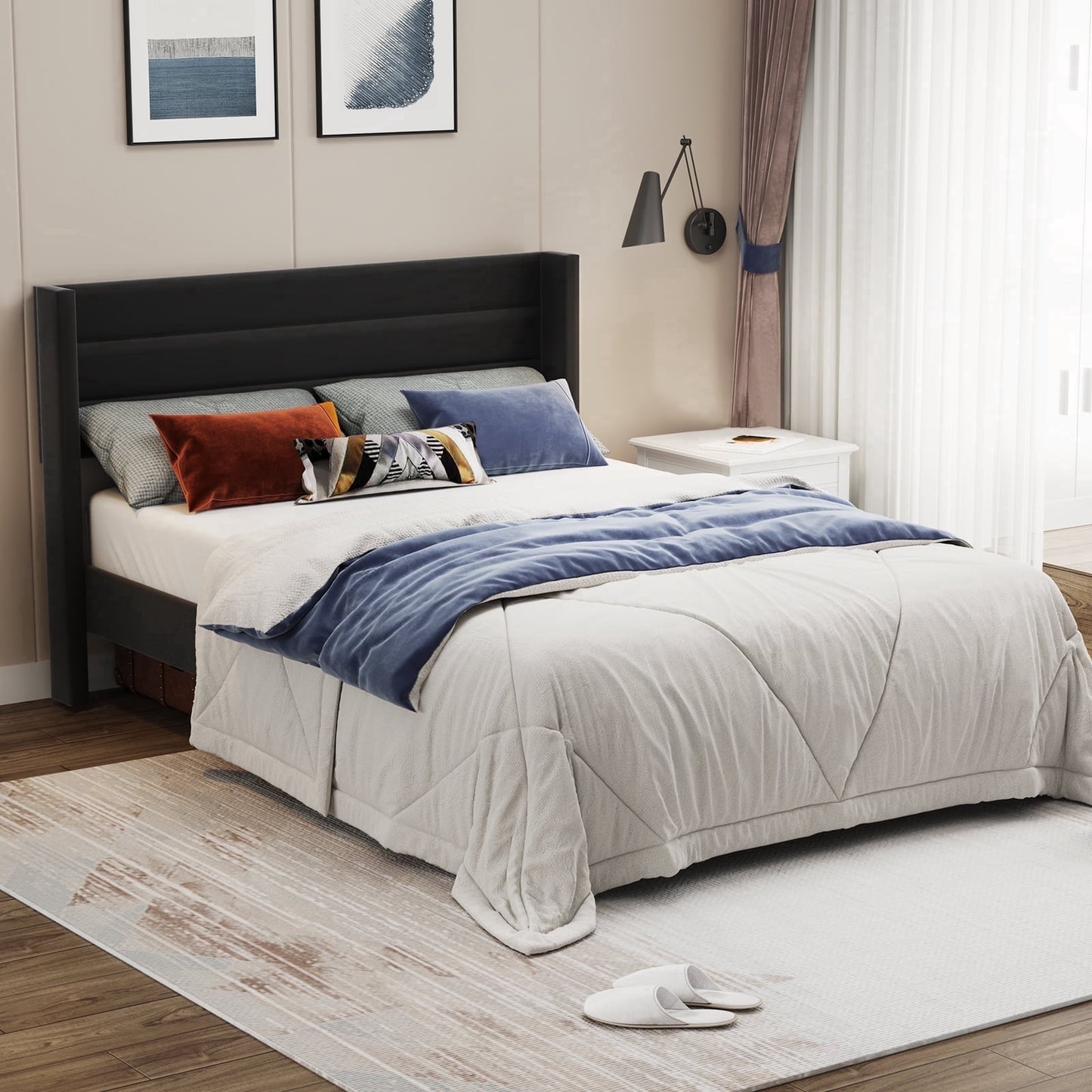 Sofanext Queen Bed Frame with Headboard, Upholstered Platform Bed Frame Queen, Wood Slat Support, No Box Spring Needed, Noise-Free, Deep Black