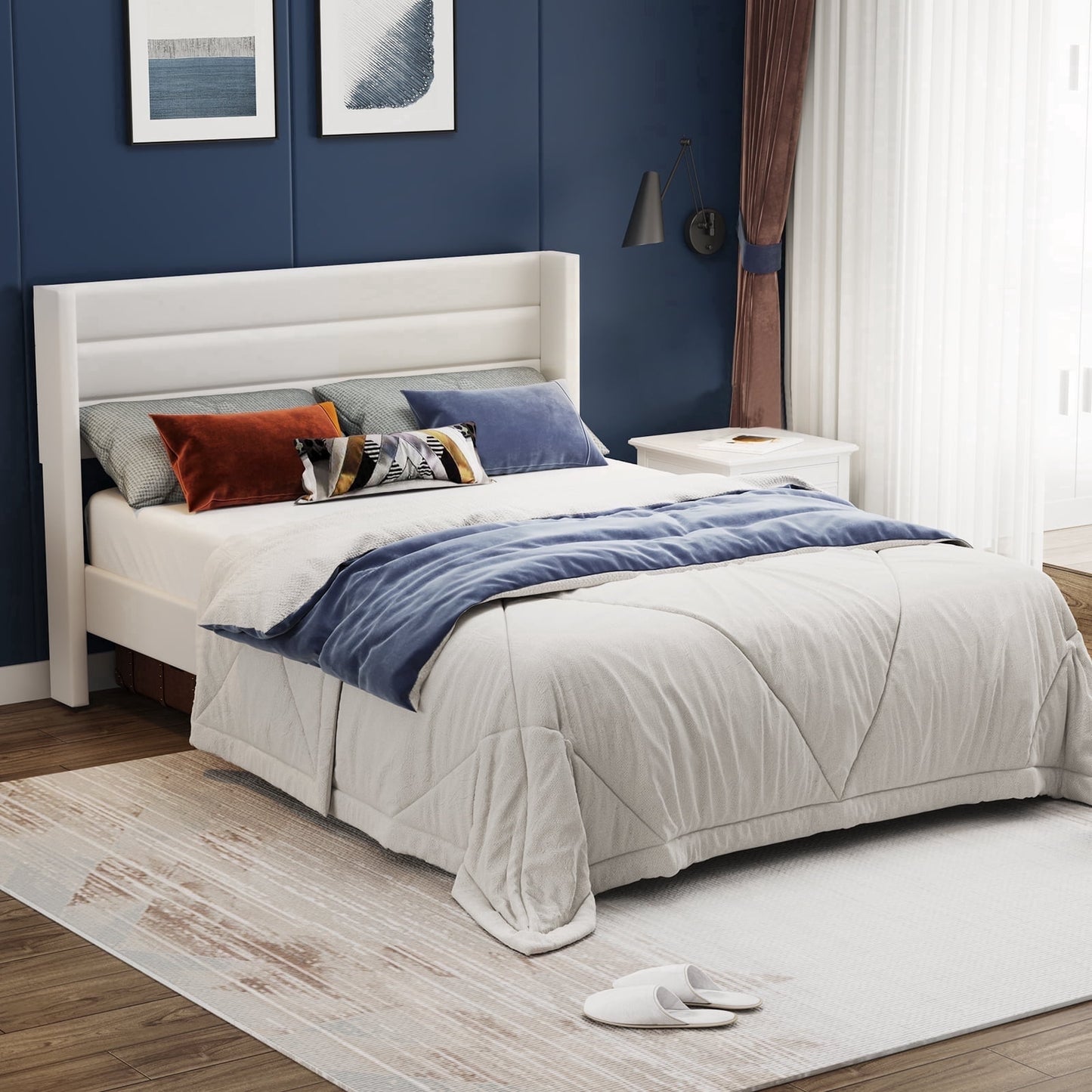 Sofanext Queen Bed Frame with Headboard, Upholstered Platform Bed Frame Queen, Wood Slat Support, No Box Spring Needed, Noise-Free, Cream White