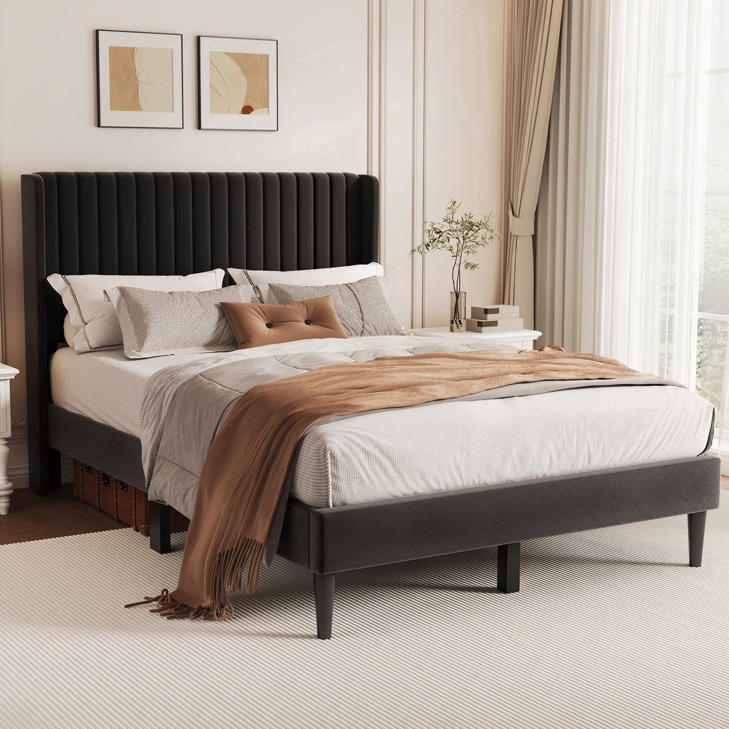 Sofanext Queen Wingback Platform Bed Frame with Tall Velvet Upholstered Headboard, Wood Slat Support, No Box Spring, Noise-Free, Deep Black