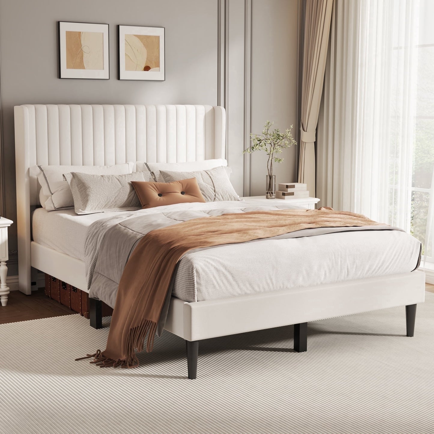 Sofanext Queen Wingback Platform Bed Frame with Tall Velvet Upholstered Headboard, Wood Slat Support, No Box Spring, Noise-Free, Cream White