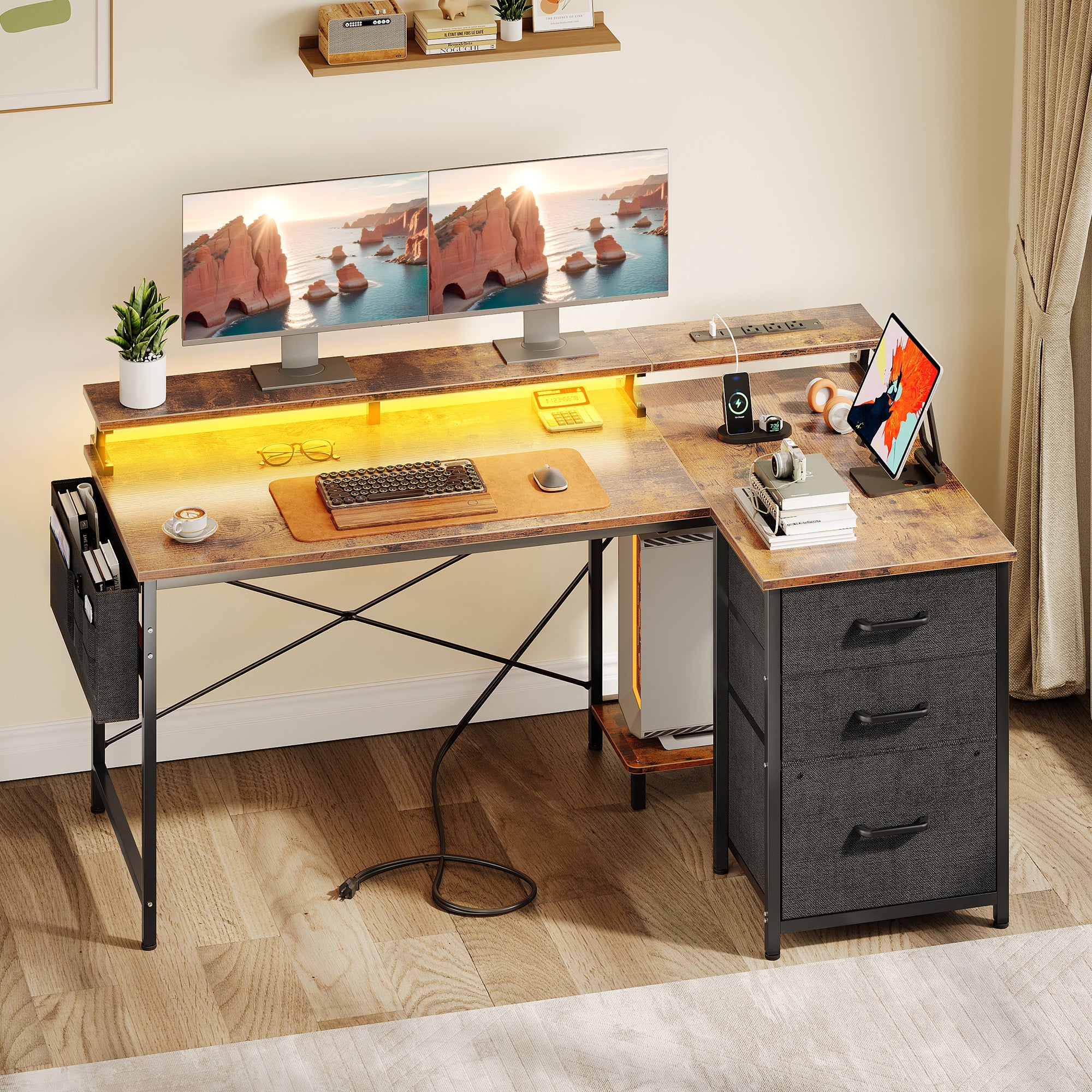 55 inch Computer Desk with Power Outlets & LED Lights, Home Office Desk with 3 Drawers & CPU Stand, Writing Desk with Monitor Shelf & Storage Bag, Vintage