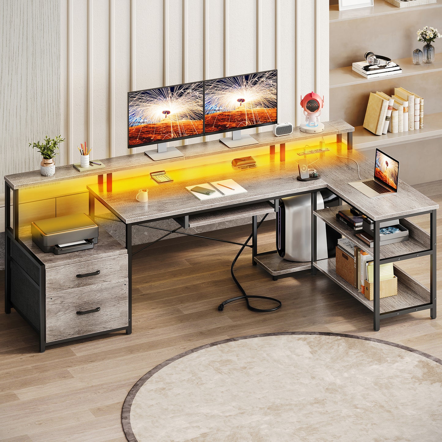 66" Reversible L Shaped Desk with File Drawer & Power Outlet, Modern Computer Desk with Keyboard Tray & LED Strip, Office Table with Storage Shelves, Gaming Desk with Monitor Shelf, Grey Oak