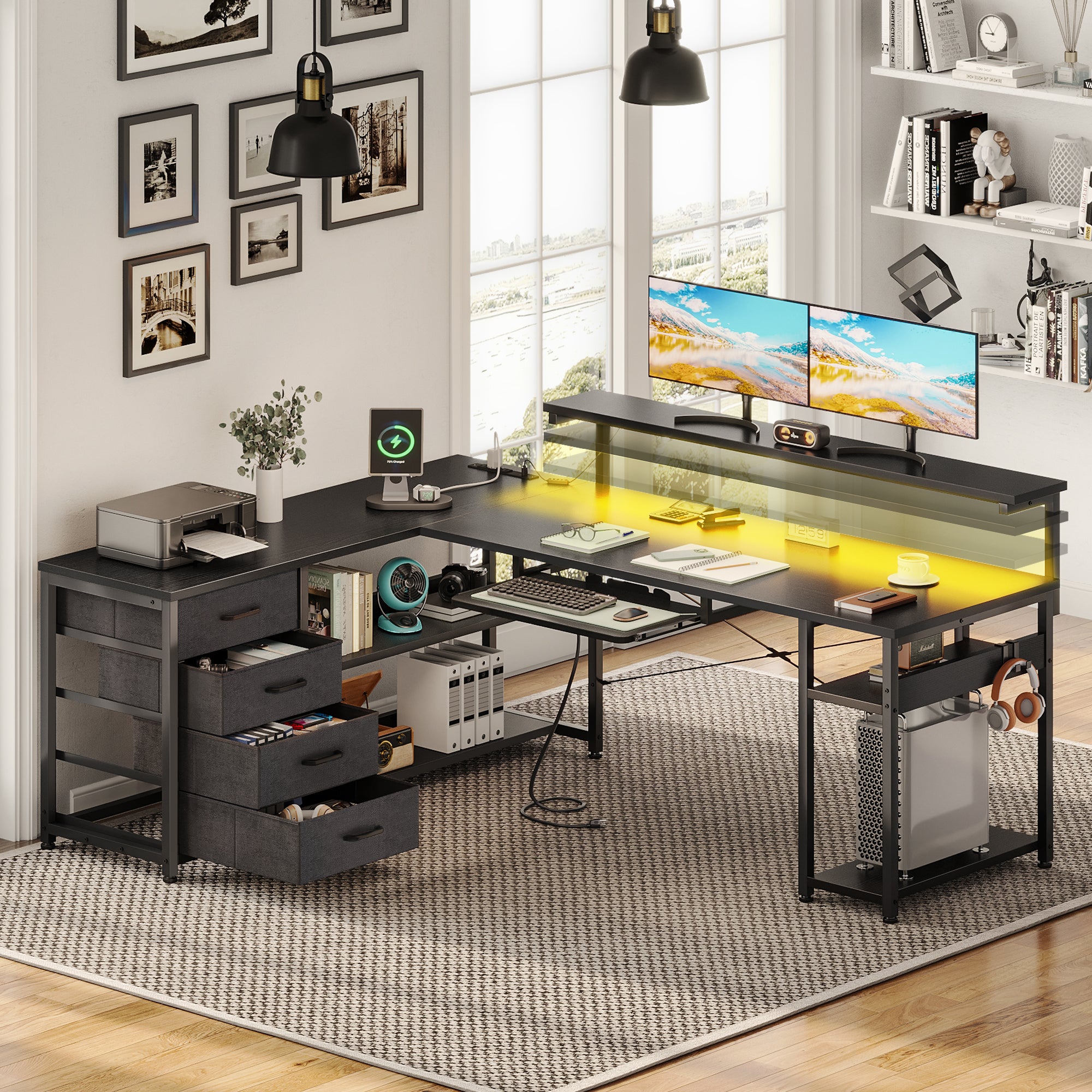 61 inch L Shaped Gaming Desk with LED Lights & Power Outlets, Home Office Desk with Drawers & Keyboard Tray, Computer Desk with Adjustable Heights Monitor Stand, Gaming Table with Hooks, Pure Black