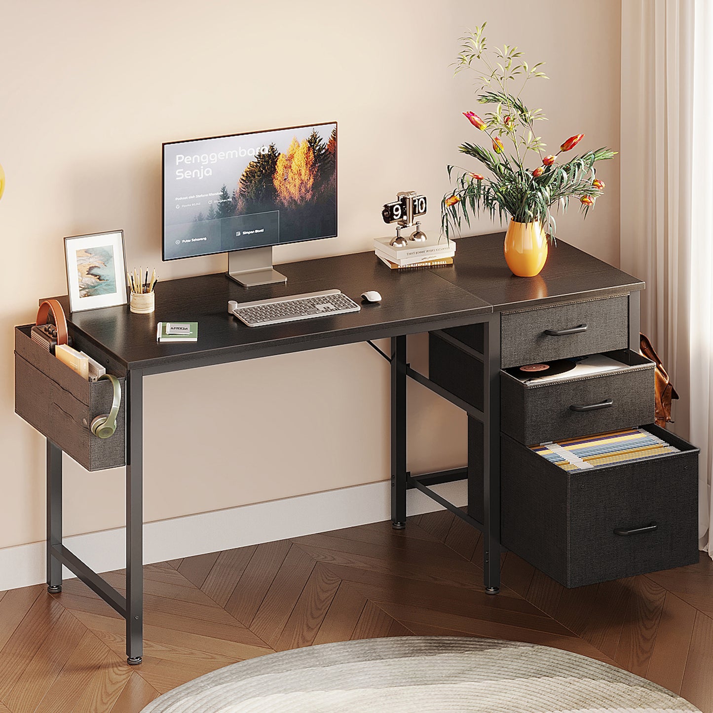 48 Inch Computer Desk with 3 Fabric Drawers & Storage Bag, Home Office Desk with File Cabinet, Writing Desk for Work and Study, Black