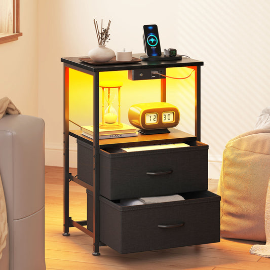 Sofanext Night Stand with Charger Station and LED Lights, Side Table with Fabric Drawers, End Table with Open Shelf, Nightstand for Bedroom, Black