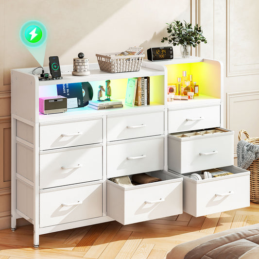 Dresser with LED Lights and Charging Station, 52-Inch Long Dresser for Bedoom with 9 Large Storage Drawers, Fabric Dresser TV Stand with Open Shelves, White
