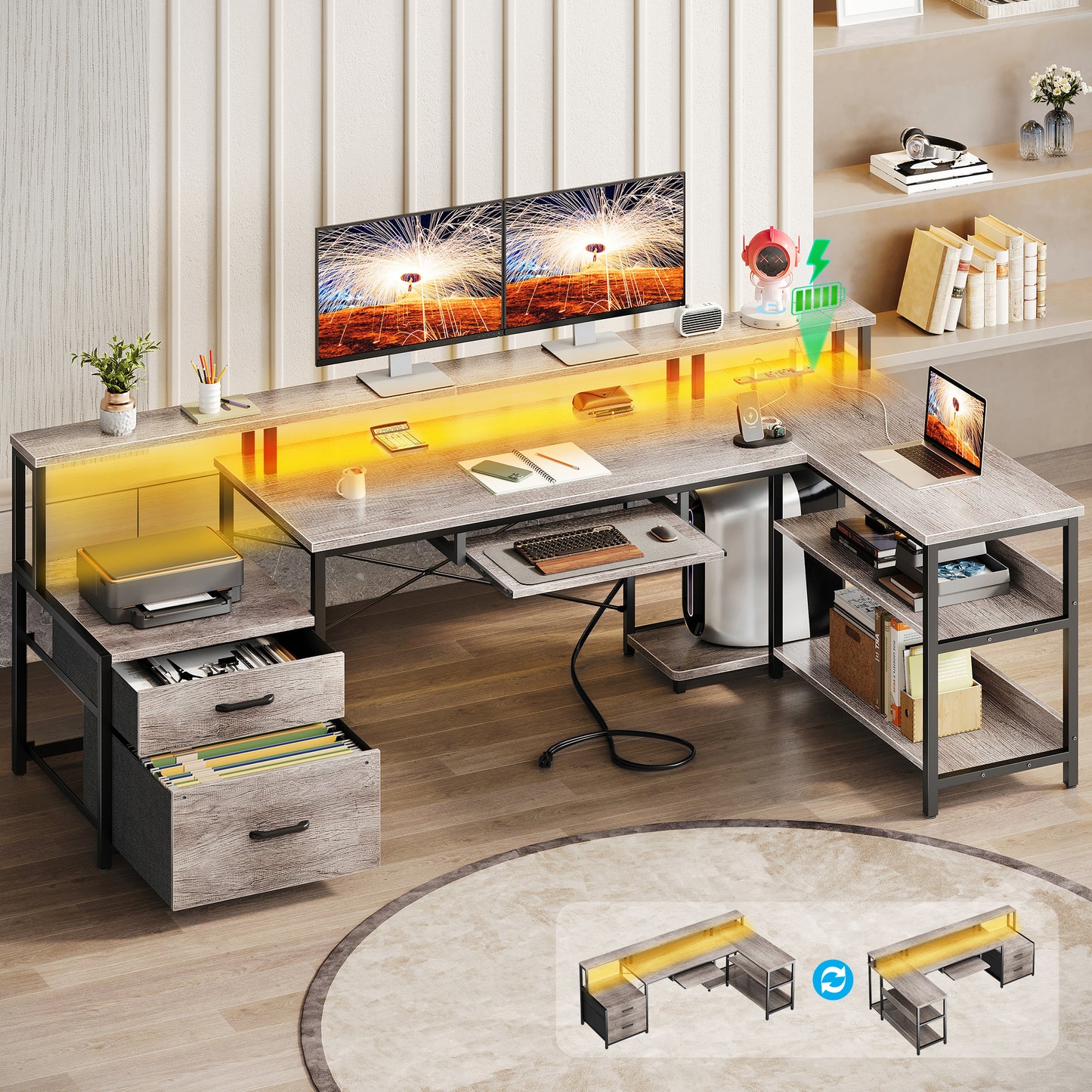 66" Reversible L Shaped Desk with File Drawer & Power Outlet, Modern Computer Desk with Keyboard Tray & LED Strip, Office Table with Storage Shelves, Gaming Desk with Monitor Shelf, Grey Oak