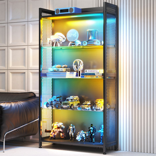 LED Glass Curio Cabinet for Gaming Room, RGB Lighted Display Cabinet with 4+1 Shelves, 5-Strip LED with Controller, Display Case for Figures, Gamepads & Collectibles, Black