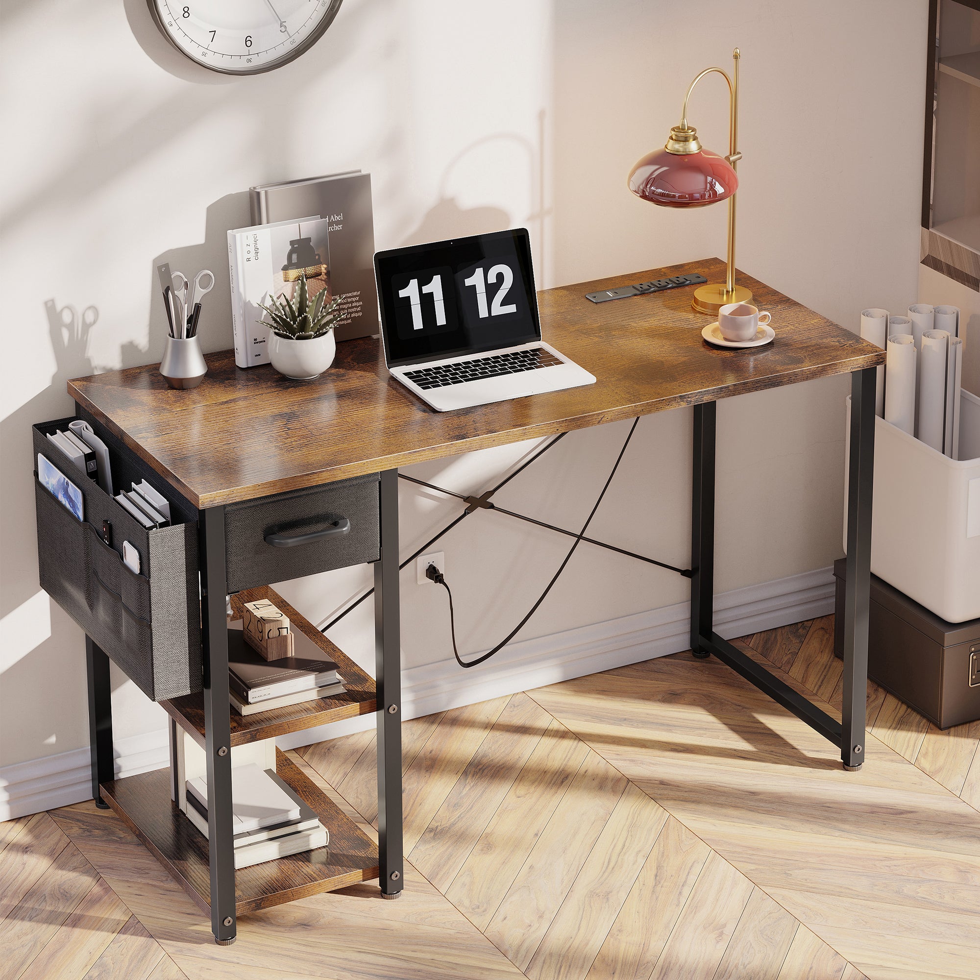 40 inch Computer Desk with Storage Drawer & Power Outlets, Study Writing Desk with Storage Shelves for Small Space, Modern Simple Style Laptop Desk for Bedroom, Gaming, Home Office, Vintage