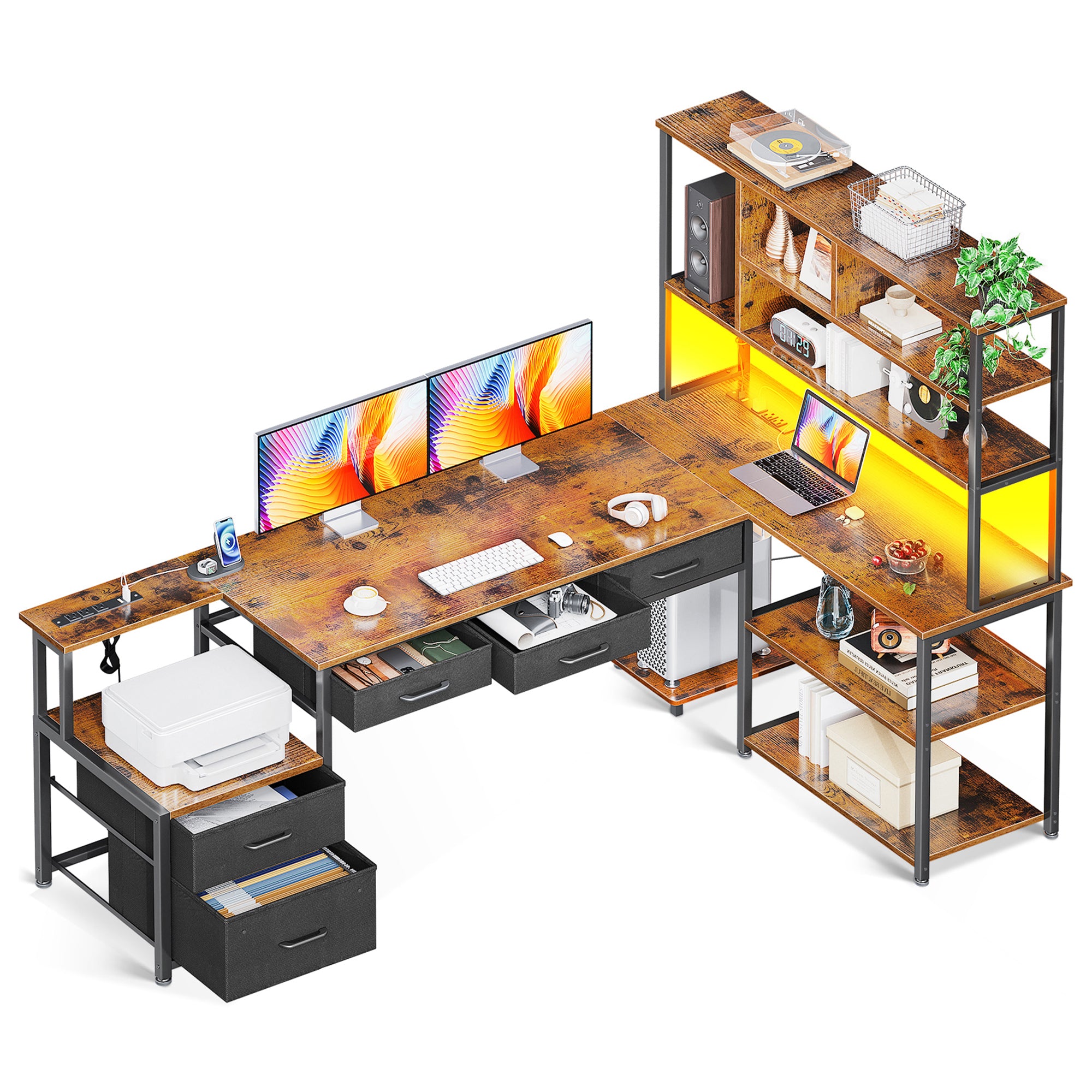 Sofanext 71 inch L Shaped Desk with File Drawers, Reversible L Shaped Gaming Desk with Power Outlets & LED Lights, Computer Desk with Storage Shelves for Home Office, Vintage