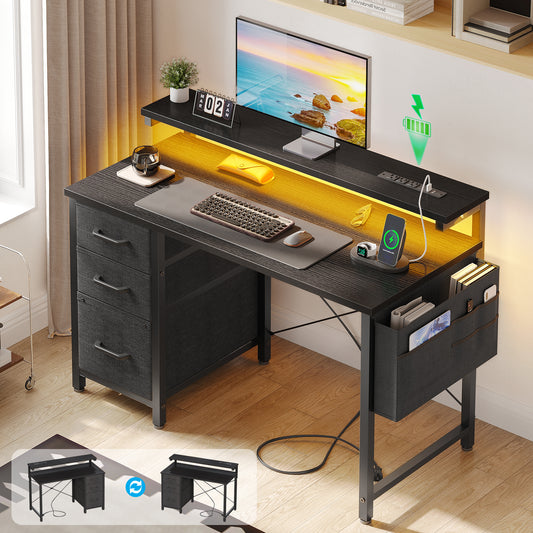 40 inch Computer Desk with Power Outlets & LED Lights, Home Office Desk with 3 Drawers & Adjustable Monitor Shelf, Writing Desk with Storage Bag, Black