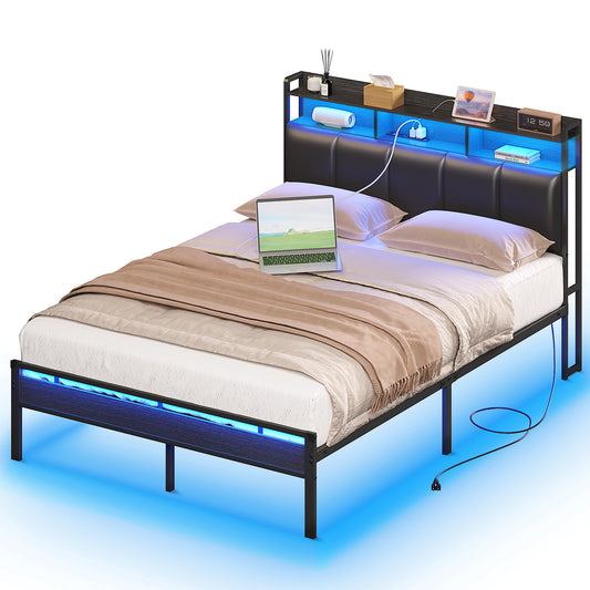 Sofanext Bed Frame Queen Size with Storage Headboard and LED Light for Kids, Upholstered Platform Bed with Power Outlets, Heavy Duty Frame Support, Noise Free, No Box Spring Needed, Black