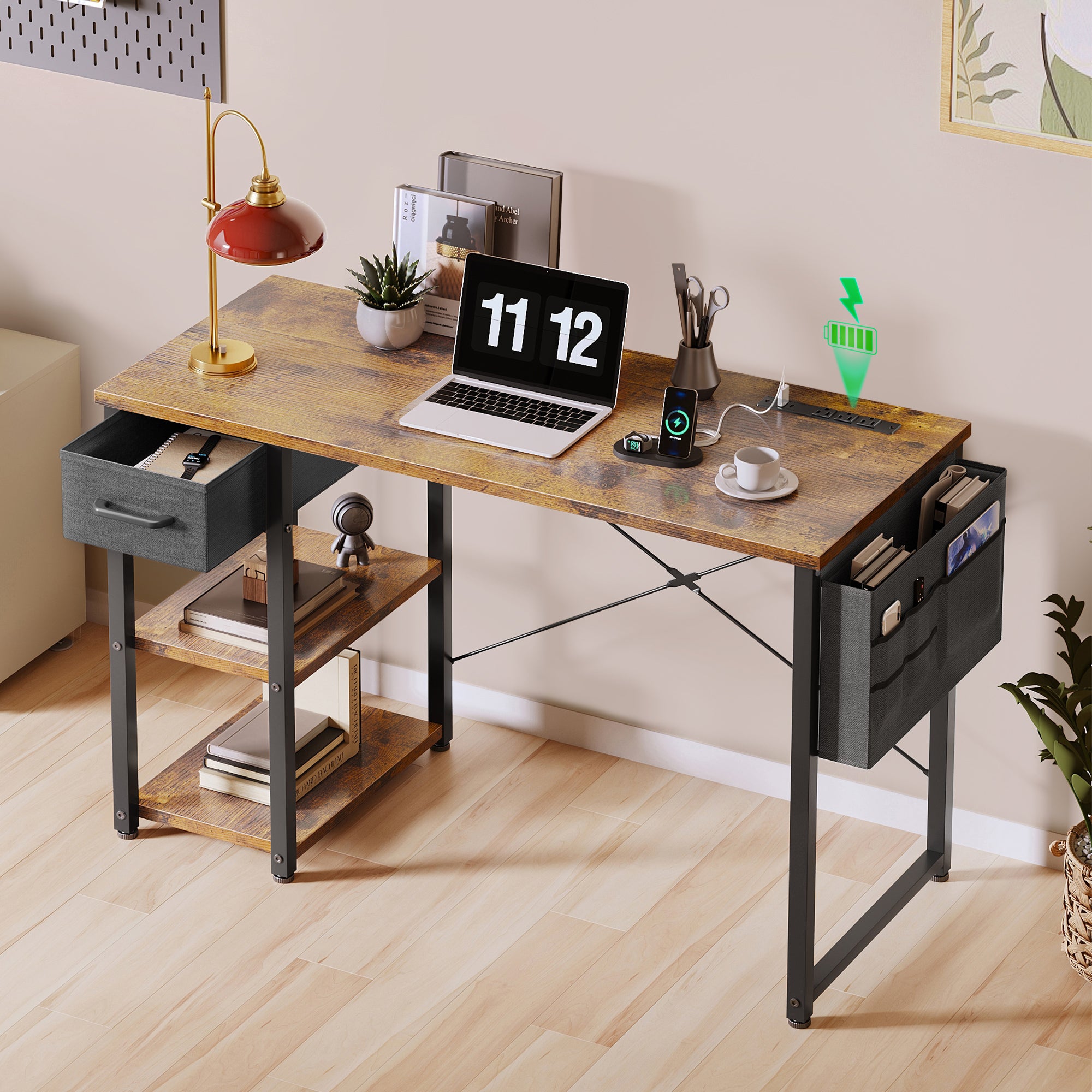 40 inch Computer Desk with Storage Drawer & Power Outlets, Study Writing Desk with Storage Shelves for Small Space, Modern Simple Style Laptop Desk for Bedroom, Gaming, Home Office, Vintage