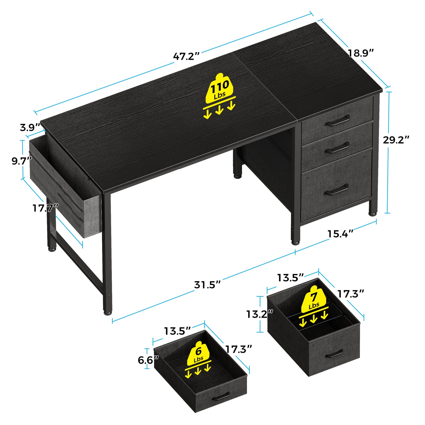 48 Inch Computer Desk with 3 Fabric Drawers & Storage Bag, Home Office Desk with File Cabinet, Writing Desk for Work and Study, Black