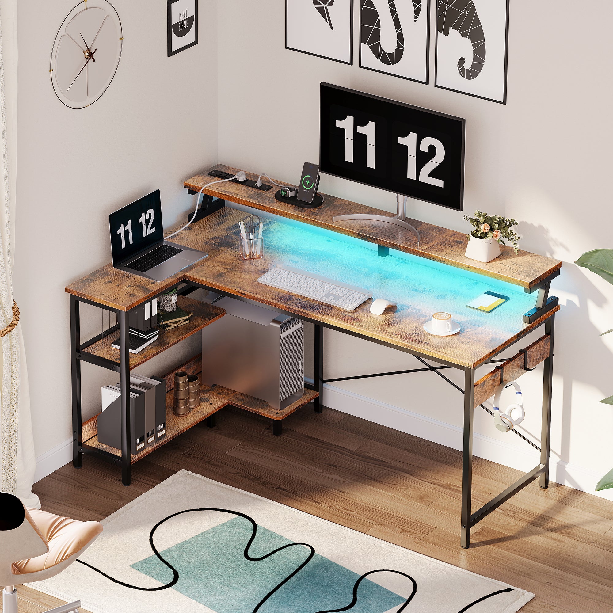 48 inch Reversible L Shaped Gaming Desk with LED Lights & Power Outlet, Corner Computer Desk with Storage Shelves & CPU Stand, Home Office Desk with Monitor Shelf, Modern Writing Table, Vintage