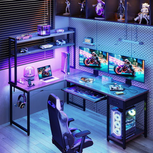 59" Reversible L-Shaped Gaming Desk with Power Outlets & LED Lights, Office Desk with Storage Drawer & Keyboard Tray for Home Office, Corner Computer Desk with Hutch, Grey Oak