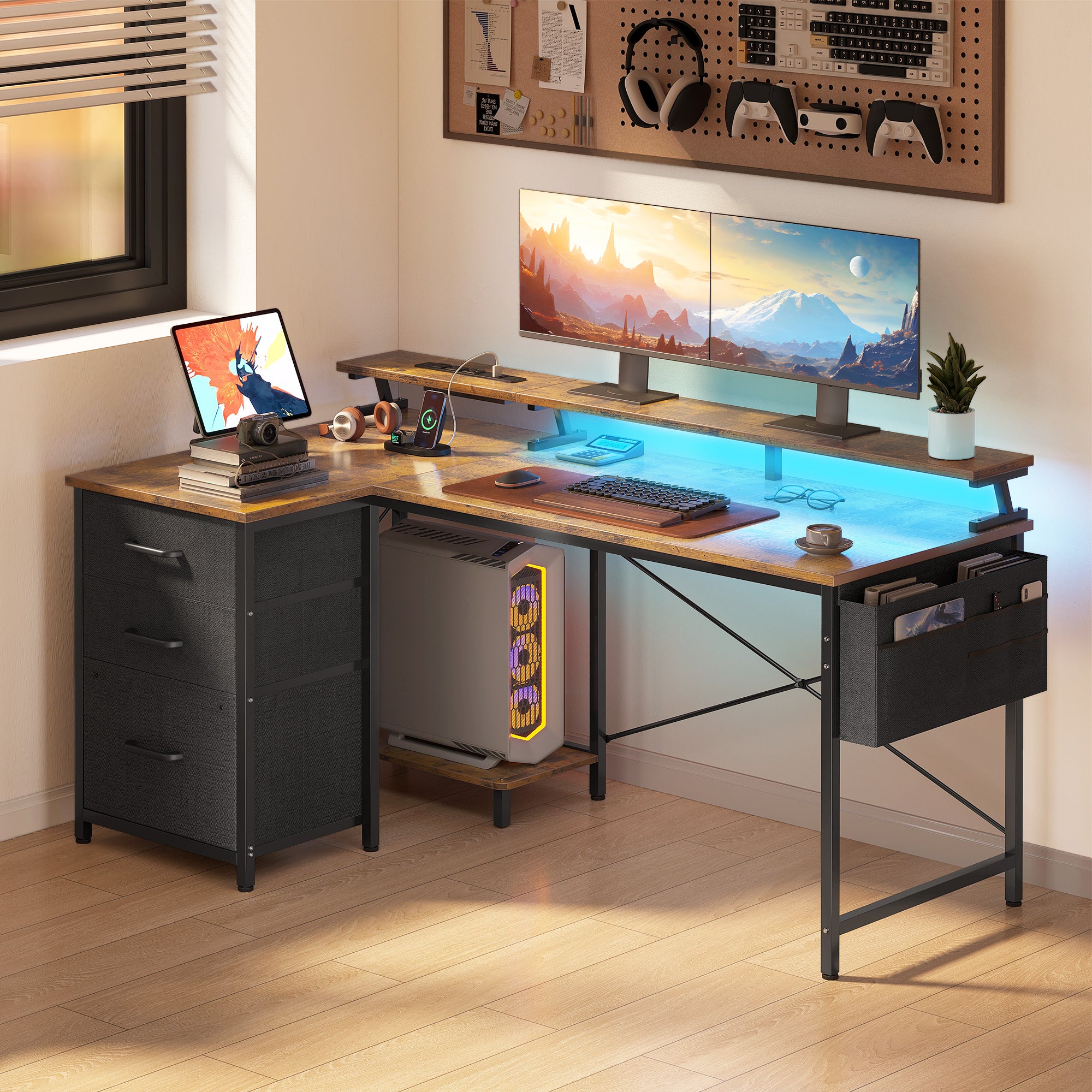 55 inch Computer Desk with Power Outlets & LED Lights, Home Office Desk with 3 Drawers & CPU Stand, Writing Desk with Monitor Shelf & Storage Bag, Vintage