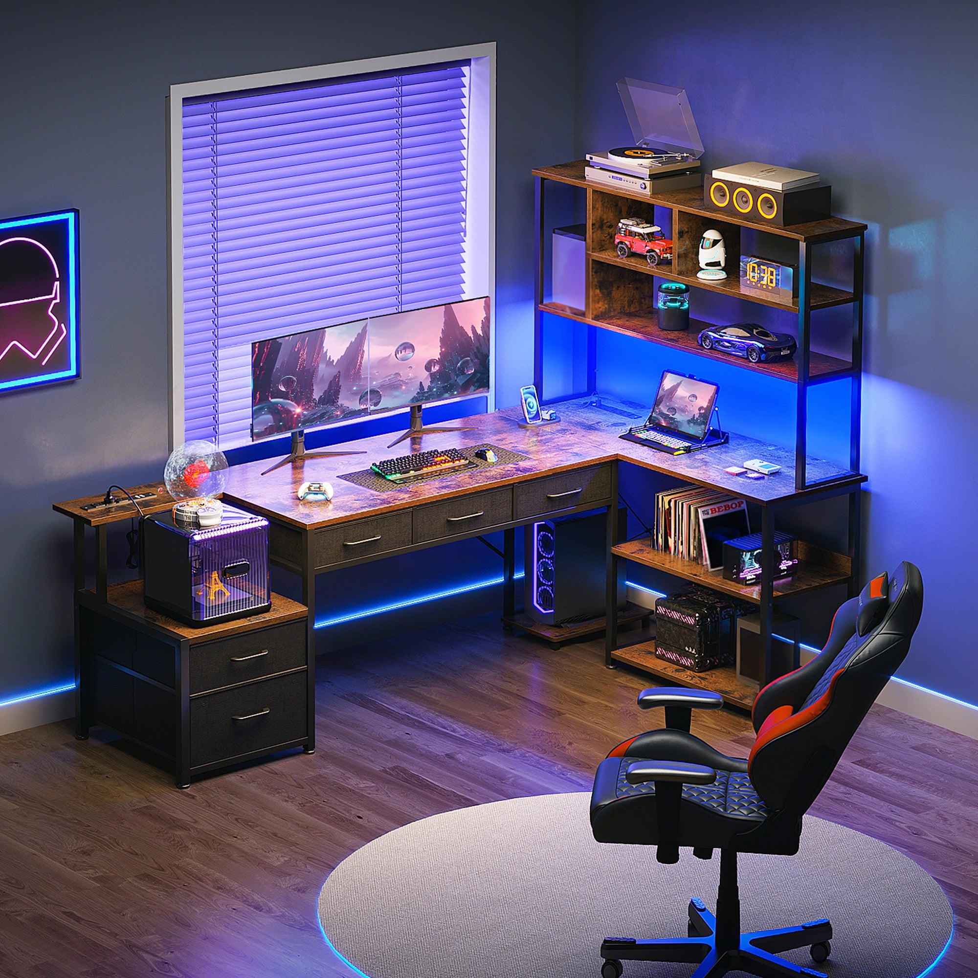 Sofanext 71 inch L Shaped Desk with File Drawers, Reversible L Shaped Gaming Desk with Power Outlets & LED Lights, Computer Desk with Storage Shelves for Home Office, Vintage