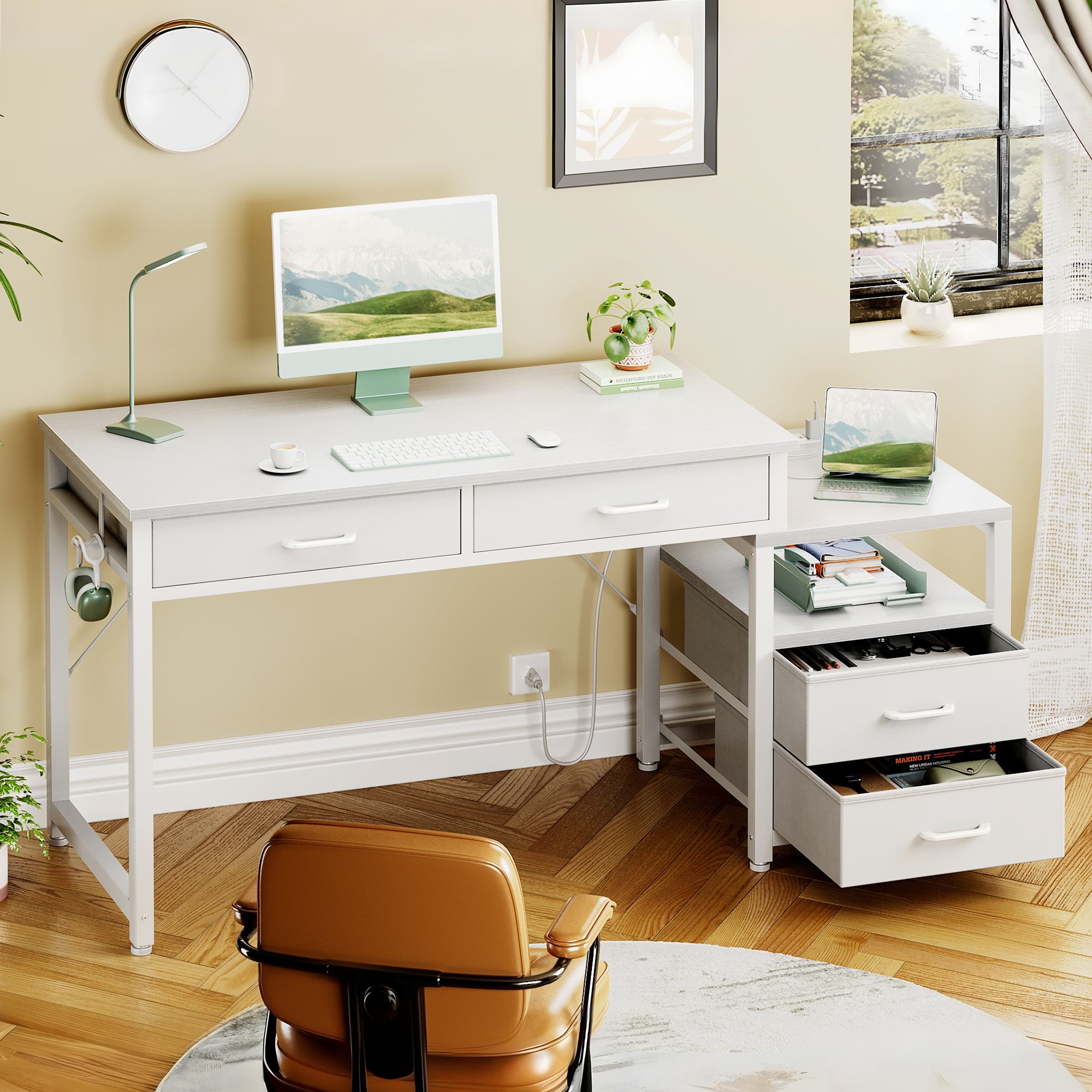 Sofanext Computer Desk with 4 Drawers and USB Power Outlets, Reversible Home Office Desk with Printer Stand, Small Desk with Storage Shelf, Study Writing Work Table for Bedroom, Vanity Desk, White, 53