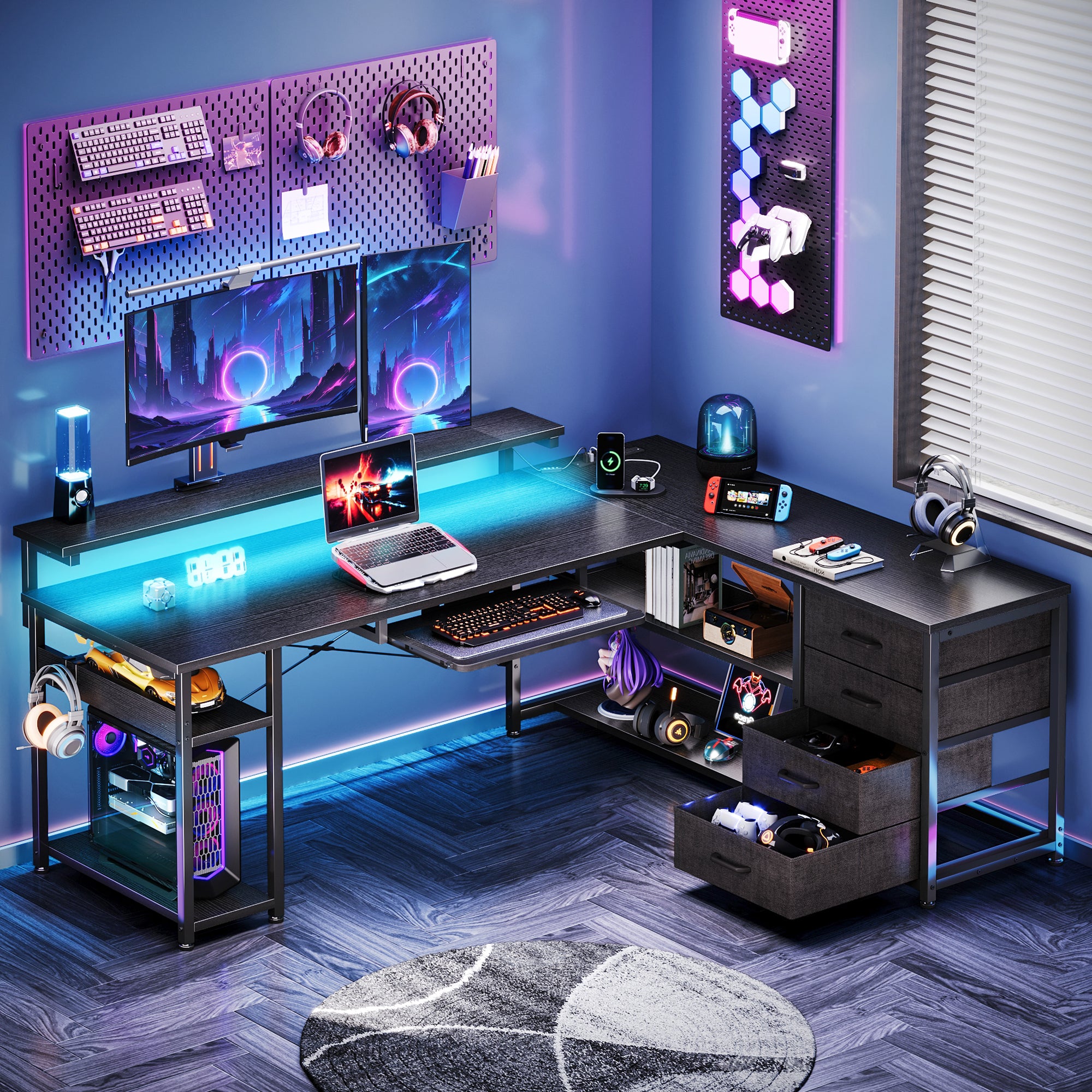 61 inch L Shaped Gaming Desk with LED Lights & Power Outlets, Home Office Desk with Drawers & Keyboard Tray, Computer Desk with Adjustable Heights Monitor Stand, Gaming Table with Hooks, Pure Black