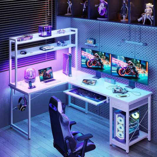 59" Reversible L-Shaped Gaming Desk with Power Outlets & LED Lights, Office Desk with Storage Drawer & Keyboard Tray for Home Office, Corner Computer Desk with Hutch, White