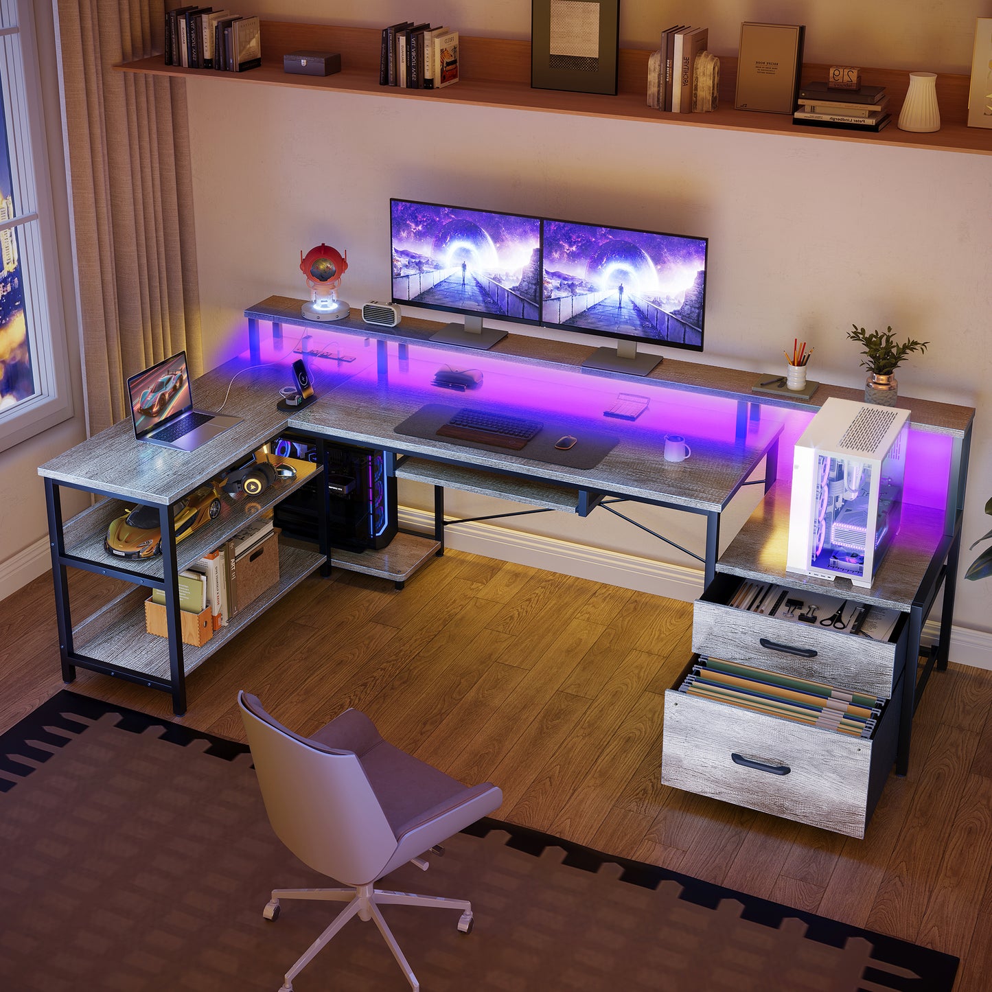 66" Reversible L Shaped Desk with File Drawer & Power Outlet, Modern Computer Desk with Keyboard Tray & LED Strip, Office Table with Storage Shelves, Gaming Desk with Monitor Shelf, Grey Oak