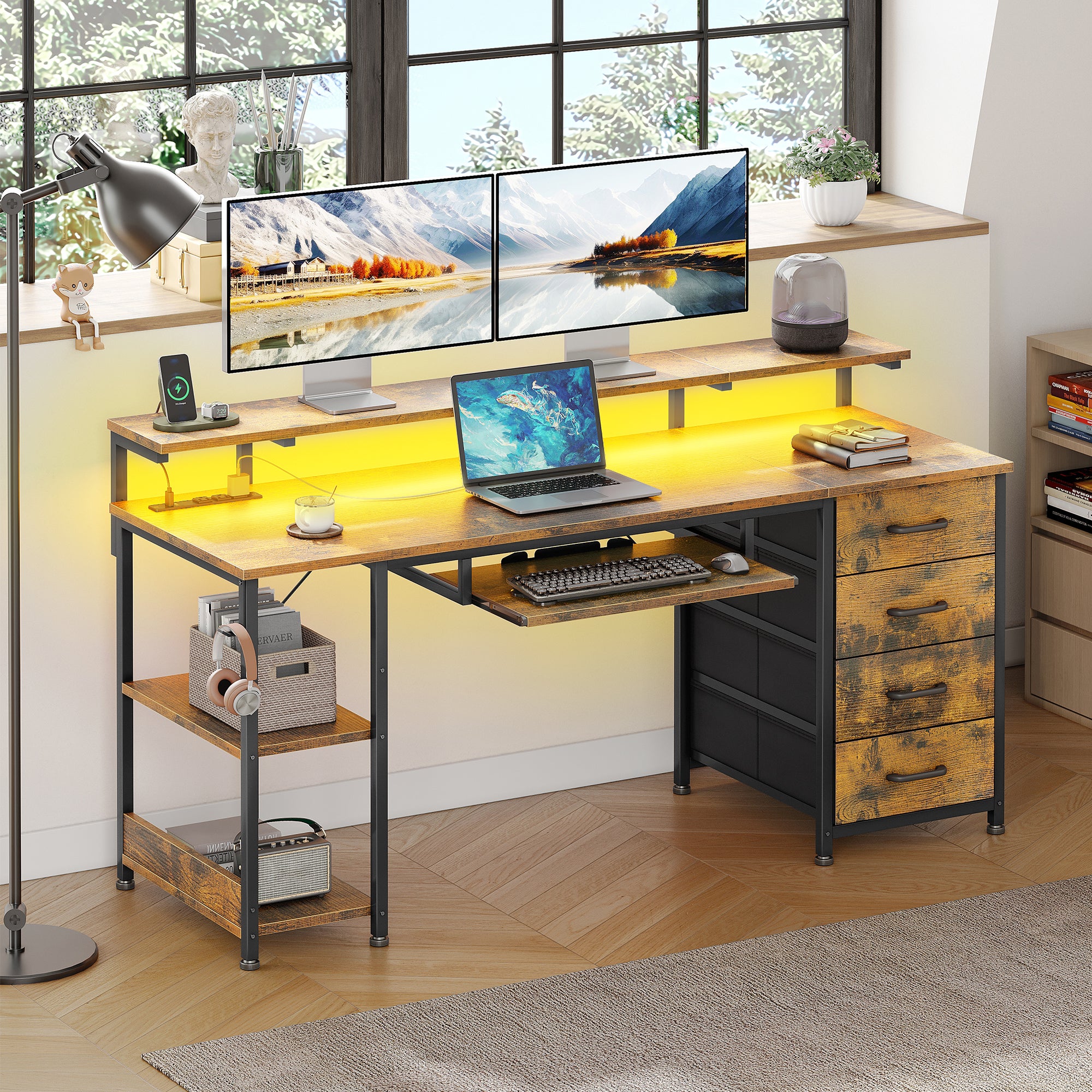 55 inch Office Desk with Power Outlet and Adjustable Monitor Stand, Computer Desk with Fabric Drawer and Keyboard Tray, Gaming Desk with LED Light & PC Stand, Table for Bedroom with USB Ports, Vintage