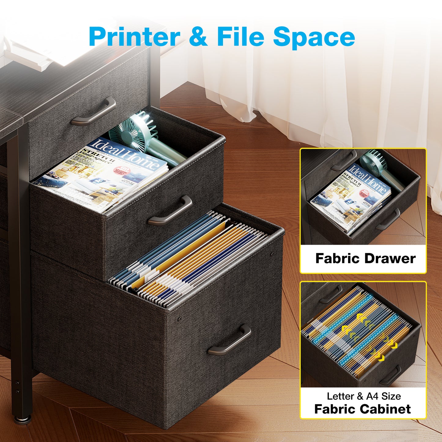 48 Inch Computer Desk with 3 Fabric Drawers & Storage Bag, Home Office Desk with File Cabinet, Writing Desk for Work and Study, Black