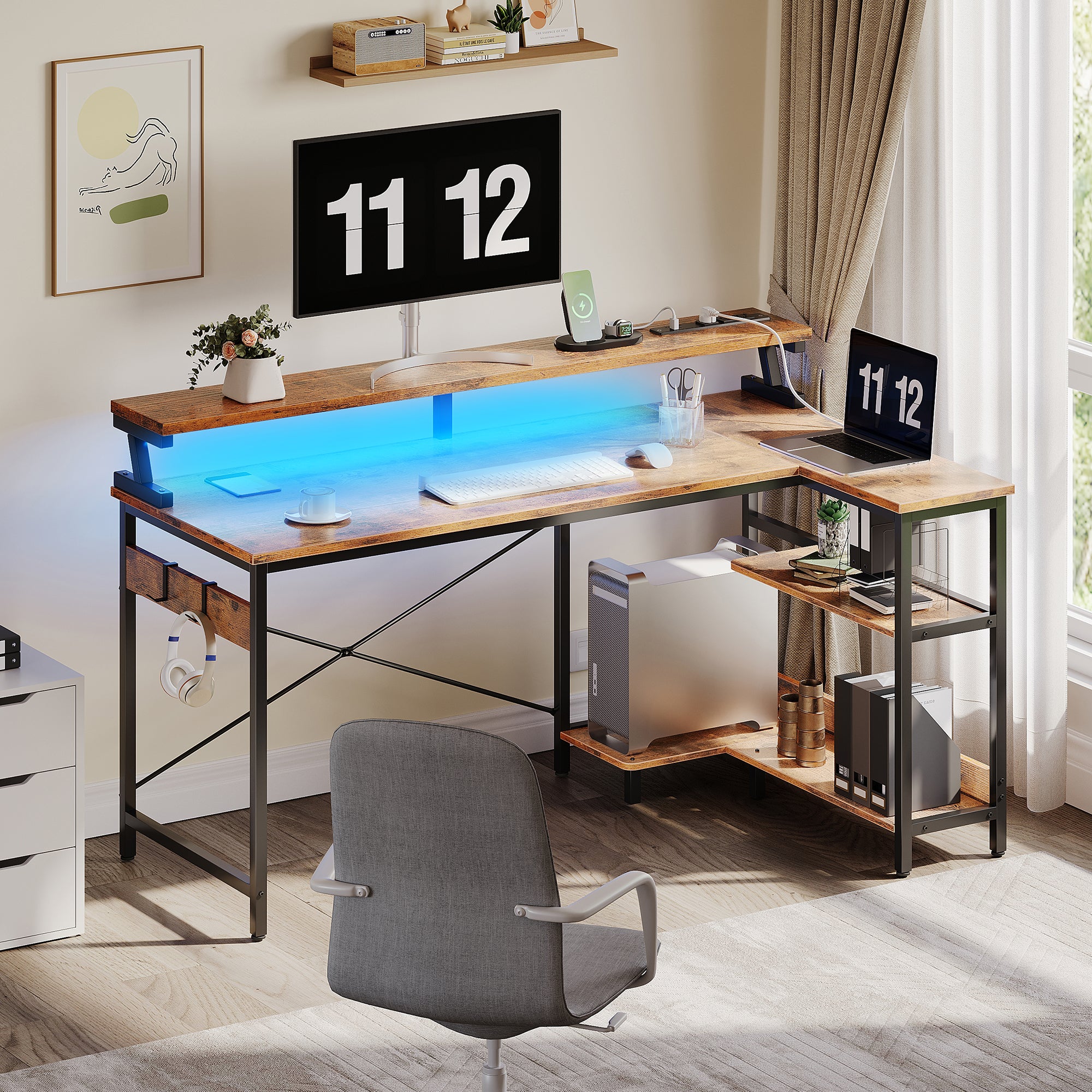 48 inch Reversible L Shaped Gaming Desk with LED Lights & Power Outlet, Corner Computer Desk with Storage Shelves & CPU Stand, Home Office Desk with Monitor Shelf, Modern Writing Table, Vintage